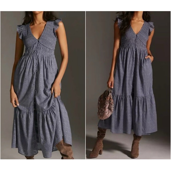 Anthropologie Blue Maxi Dress Ruffle Flutter Sleeve Smocked Waist Boho Women
